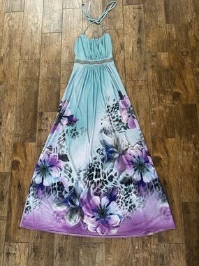 Betsy & Adam Floral & Leopard Halter Maxi Gown